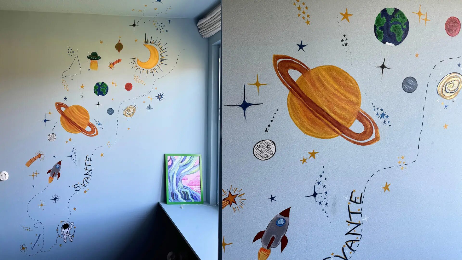 A wide view of a solar system mural with Saturn, Earth, a crescent moon, UFO, rocket and astronaut climbing a light blue bedroom wall